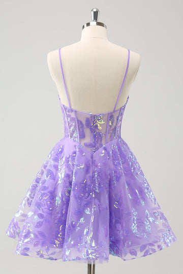Vestido de fiesta corto con tirantes finos estilo corsé y corte en A en color lila brillante